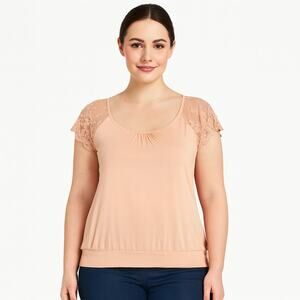 Rue 21 Juniors Blush Pink Blouse with Sheer Lace Flutter Sleeves - Size Large